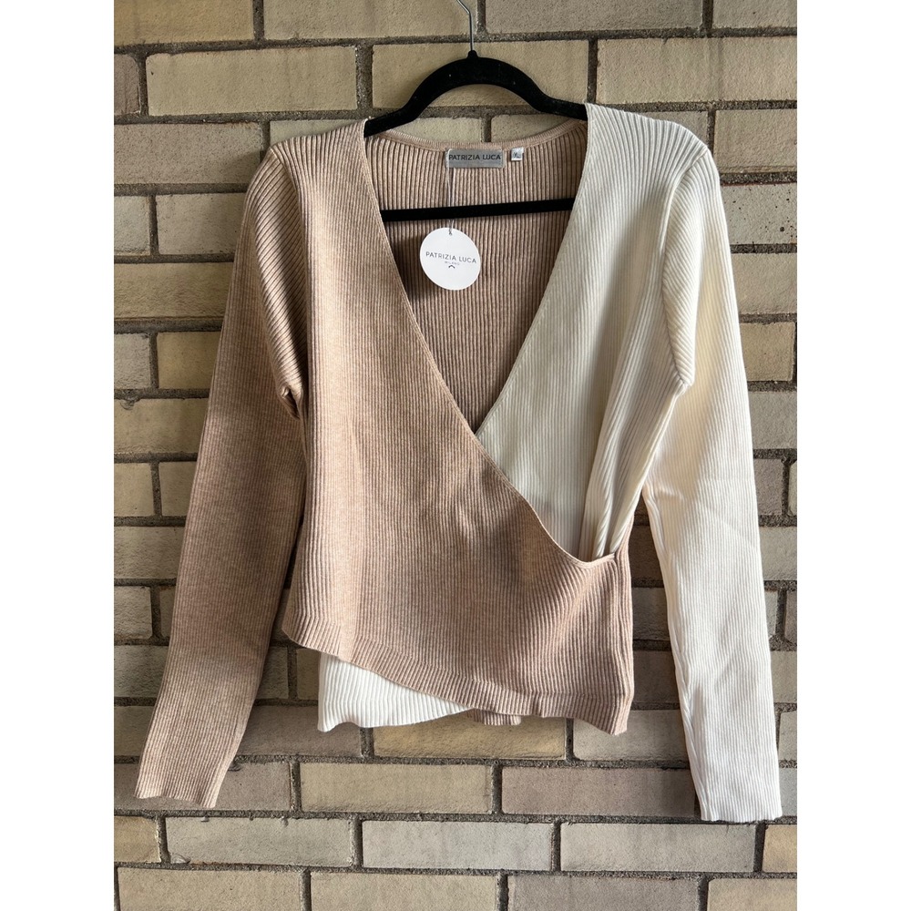 Patrizia Luca Milano Ribbed Color Block Wrap Top Sweater Tan Cream Size XL NWT
